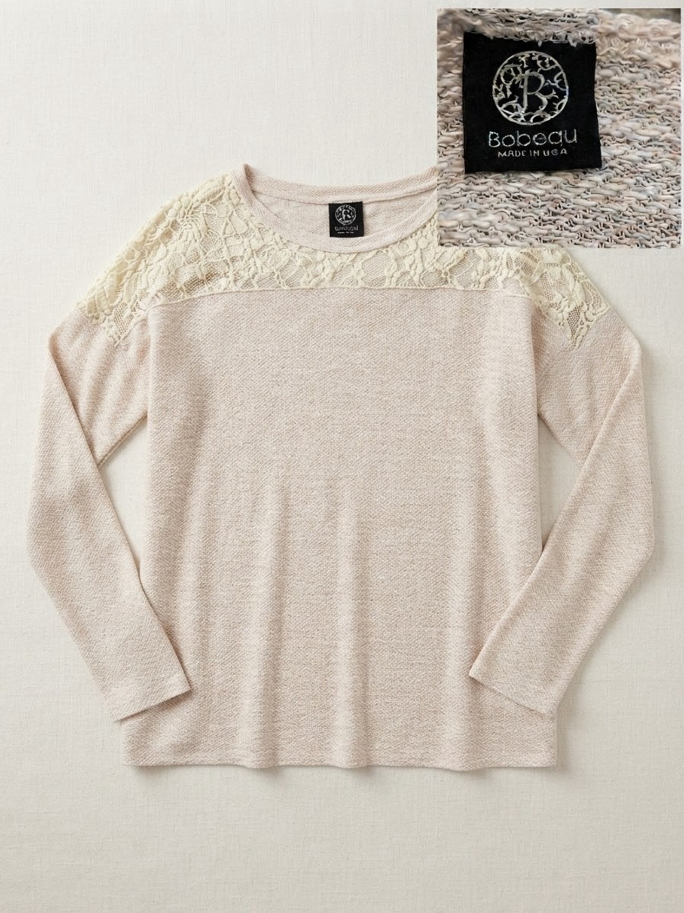 bobeau Cream Lace-Yoke Scoop Neck Sweater